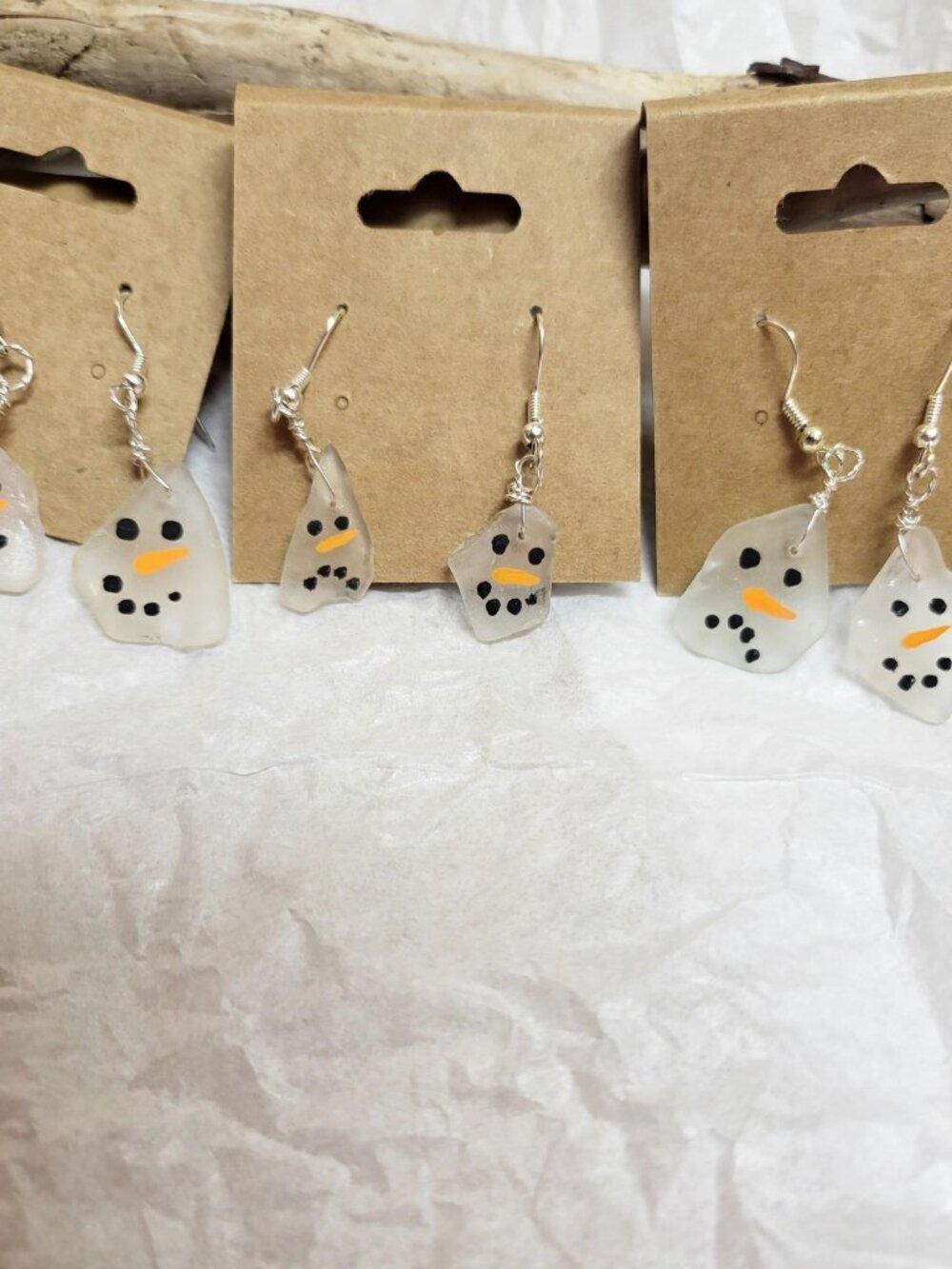 Hand-Painted Authentic Newfounfland Sea Glass Snowman Dangle Earrings